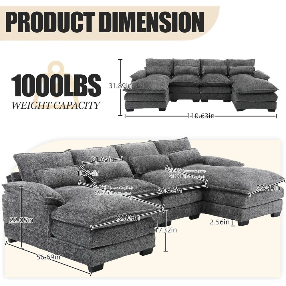 110'' U-Shaped Sectional Couch, Modern Chenille Extra Large Modular Sofa with 4 Cushions, Memory Foam Funiture Set