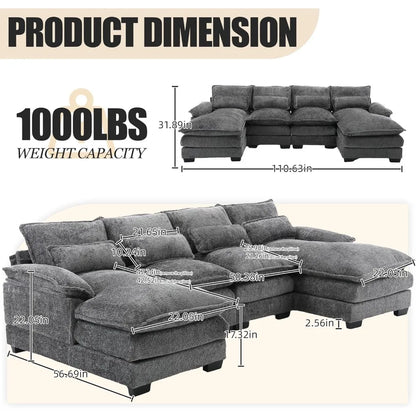 110'' U-Shaped Sectional Couch, Modern Chenille Extra Large Modular Sofa with 4 Cushions, Memory Foam Funiture Set