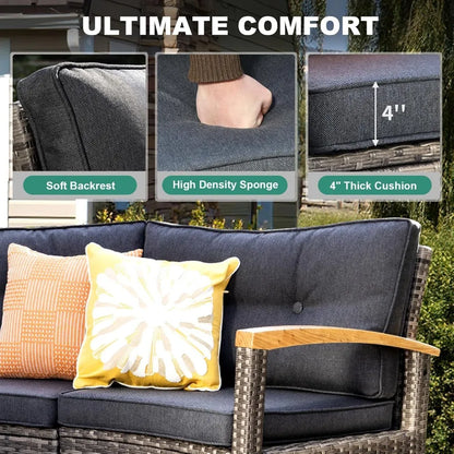 11 Piece Outdoor Patio Furniture Set, Half-Moon Curved Sectional Sofa Rattan Conversation Set with Wood Armrests, Co