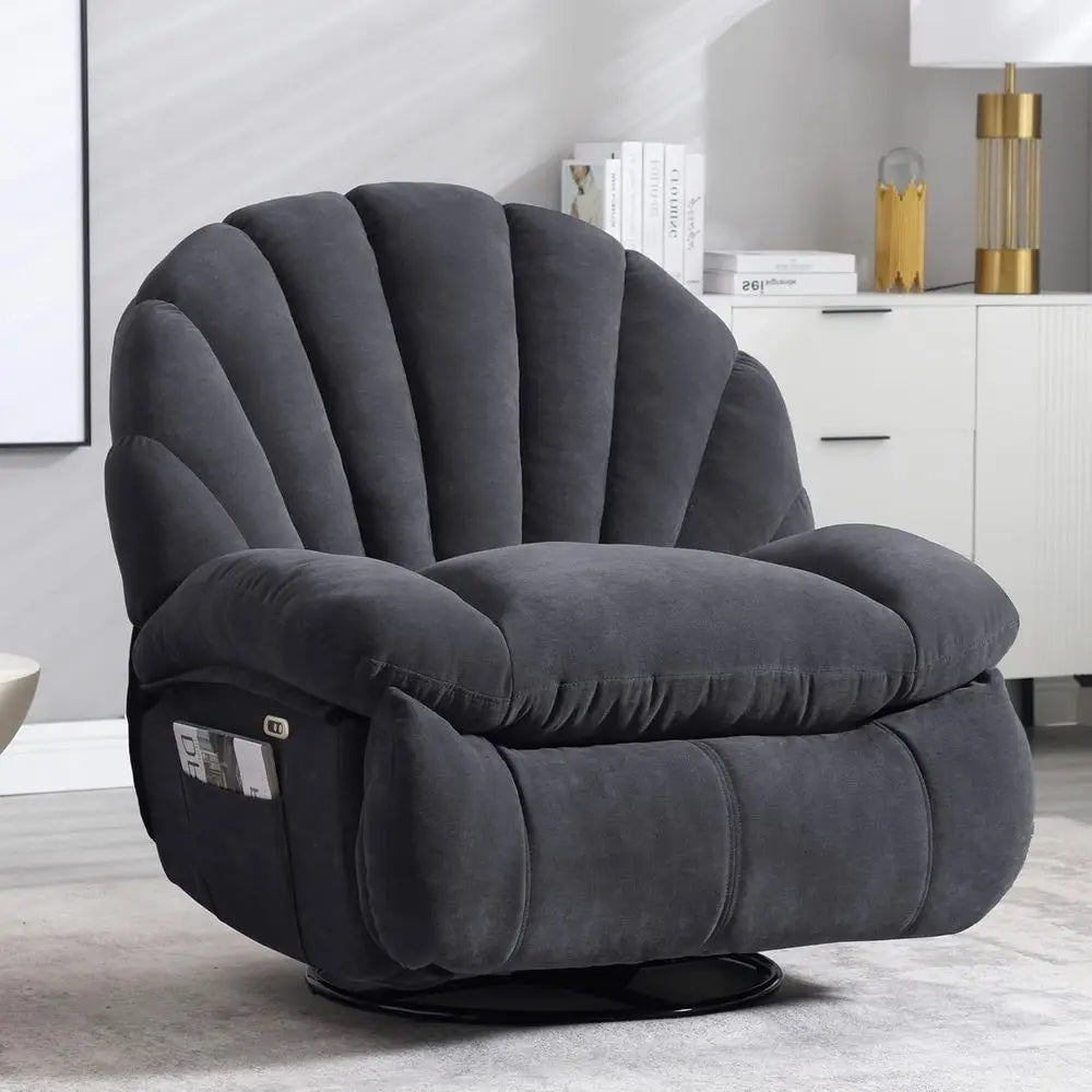 Gray Swivel Recliner Chair with Comfortable Fabric, 360-Degree Rotation, Storage, and Electric Recline for Living Room or Bedroo