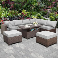 /-Patio Furniture 9 Piec Set with Cushions and 45” Gas fire Pit Table, Outdoor PE Rattan Sectional Conversation Sofa Set