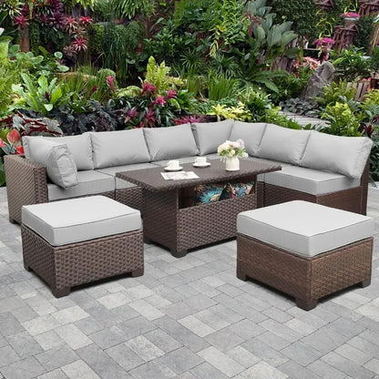 /-Patio Furniture 9 Piec Set with Cushions and 45” Gas fire Pit Table, Outdoor PE Rattan Sectional Conversation Sofa Set
