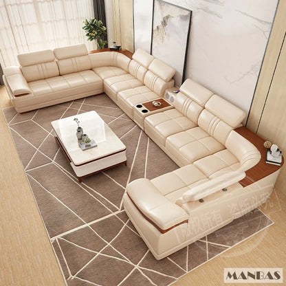 Elegant Leather Sectional Sofas Sets with Cup Holder, Adjustable Headrests & Bluetooth Speaker - MINGDIBAO Living Room Couches
