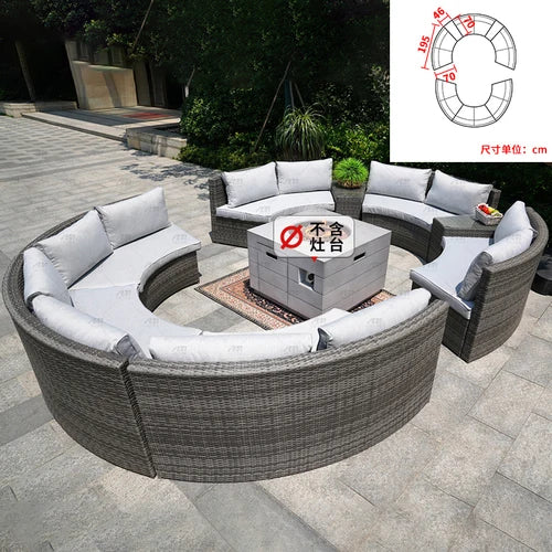 Sofa, courtyard, garden, leisure, outdoor living room, semi circular curved rattan chair, terrace, outdoor furniture combination