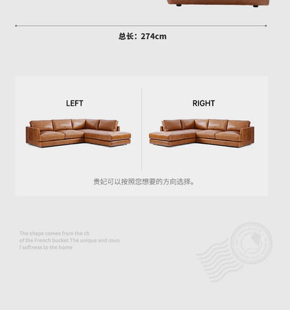 leather sofa, antique milk brown first layer cowhide L-shaped concubine seat in the living room, American retro leather sofa