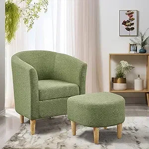 Leather Chair, Accent Chair Mid Century Modern with Ottoman Faux Barrel Comfy Armchair Upholstered Club Tub Round Arms for Livin