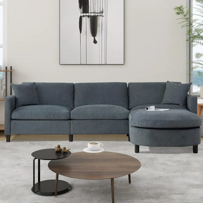 Convertible L-Shaped Sectional Couch with Movable Ottoman, Reversible Chaise, 2 Pillows, Modern Fabric Modular Sofa