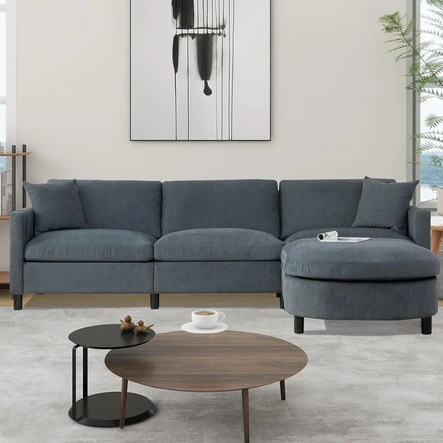 Convertible L-Shaped Sectional Couch with Movable Ottoman, Reversible Chaise, 2 Pillows, Modern Fabric Modular Sofa