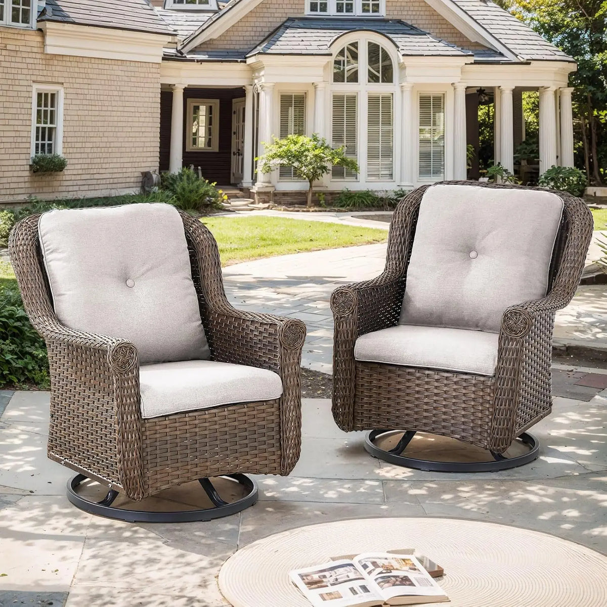 Patio Swivel Chairs Set of 2-High Back Swivel Rocker Outdoor Chair Patio Chair for Deck Porch Lawn Garden Backyard-Brown/Beige