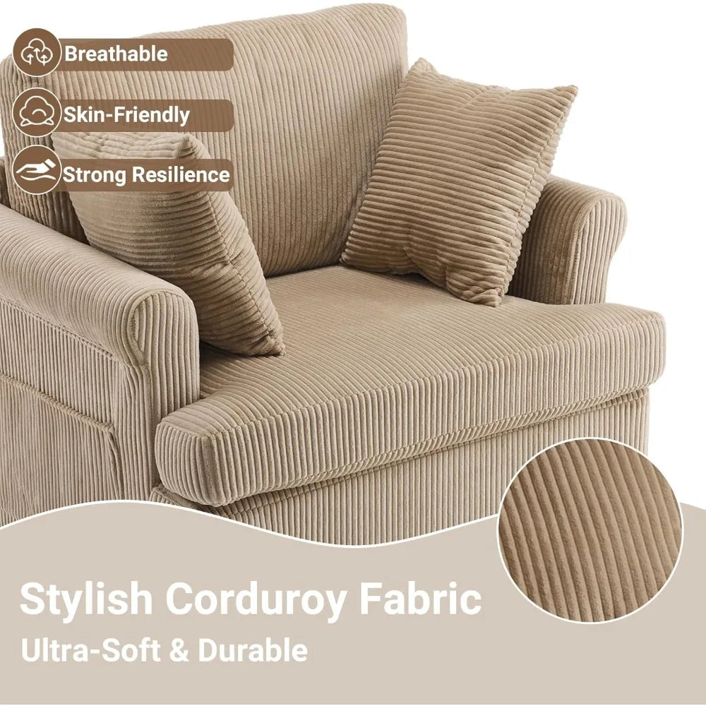 39 Swivel Accent Chair,Oversized Seat Armchair W/2 Pillows and 4 Pockets,Modern Upholstered Corduroy Barrel Chairs,Com