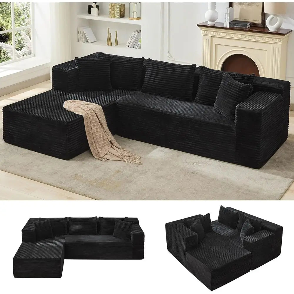 Black 106 L-Shaped Sectional Sofa with Oversized Deep Seating and Sleeper Function, Ready to Use