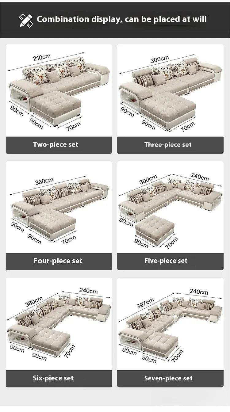 Linlamim Fabric Sofa Set Furniture Living Room Sofa Set with USB and Stools / Big U Shape Cloth Couch Sofas for Home Furniture