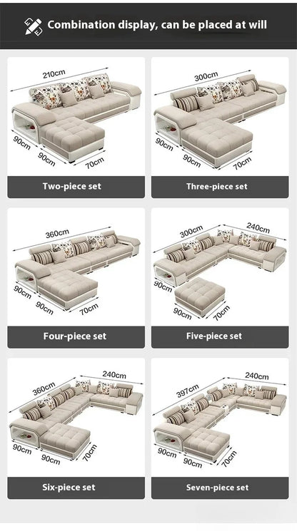 Linlamim Fabric Sofa Set Furniture Living Room Sofa Set with USB and Stools / Big U Shape Cloth Couch Sofas for Home Furniture