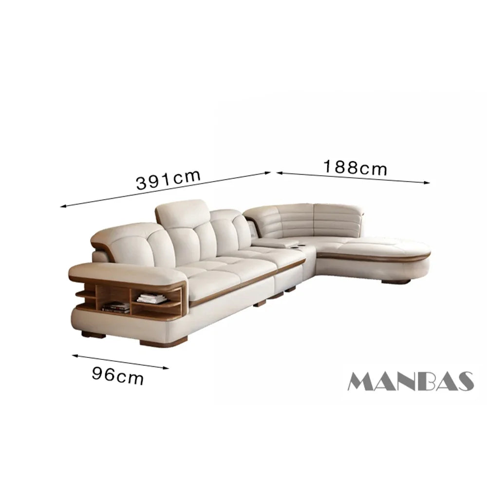 L-Shaped Genuine Leather Sectional Sofa Sets with USB, Bluetooth Speaker
