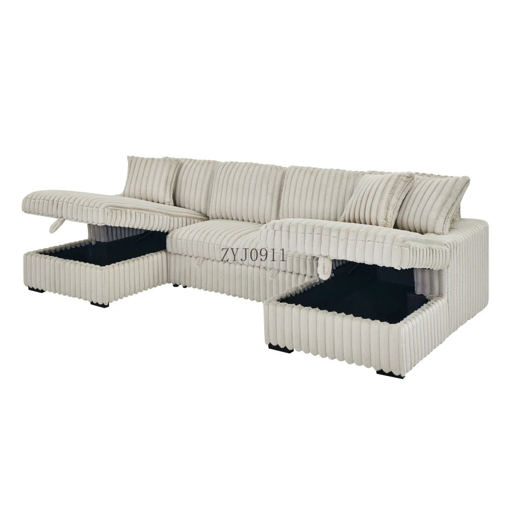 U-chair, 122-in-2 pull-out bed, living room with double storage sectional plush corduroy sofa