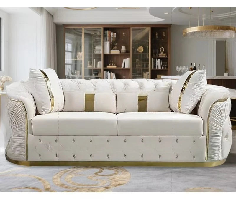 Factory direct sales European luxury rose gold legs white chesterfield sofa velvet fabric button tufted living room sofa