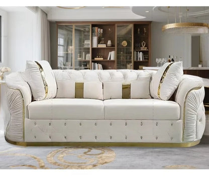 Factory direct sales European luxury rose gold legs white chesterfield sofa velvet fabric button tufted living room sofa