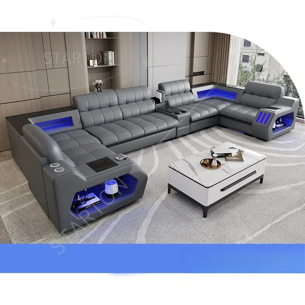Modern Sectional Sofa Bed with LED Light, Electric Recliner and Massage，Living Room Genuine Leather Couch
