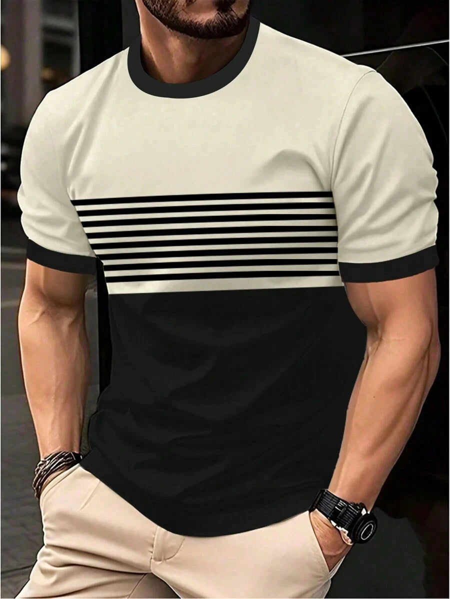 Outdoor Men's T Shirt Summer Fashion Casual Round Neck Short Sleeve Top Striped Printed Style Asian Size Men's Clothing T-shirt