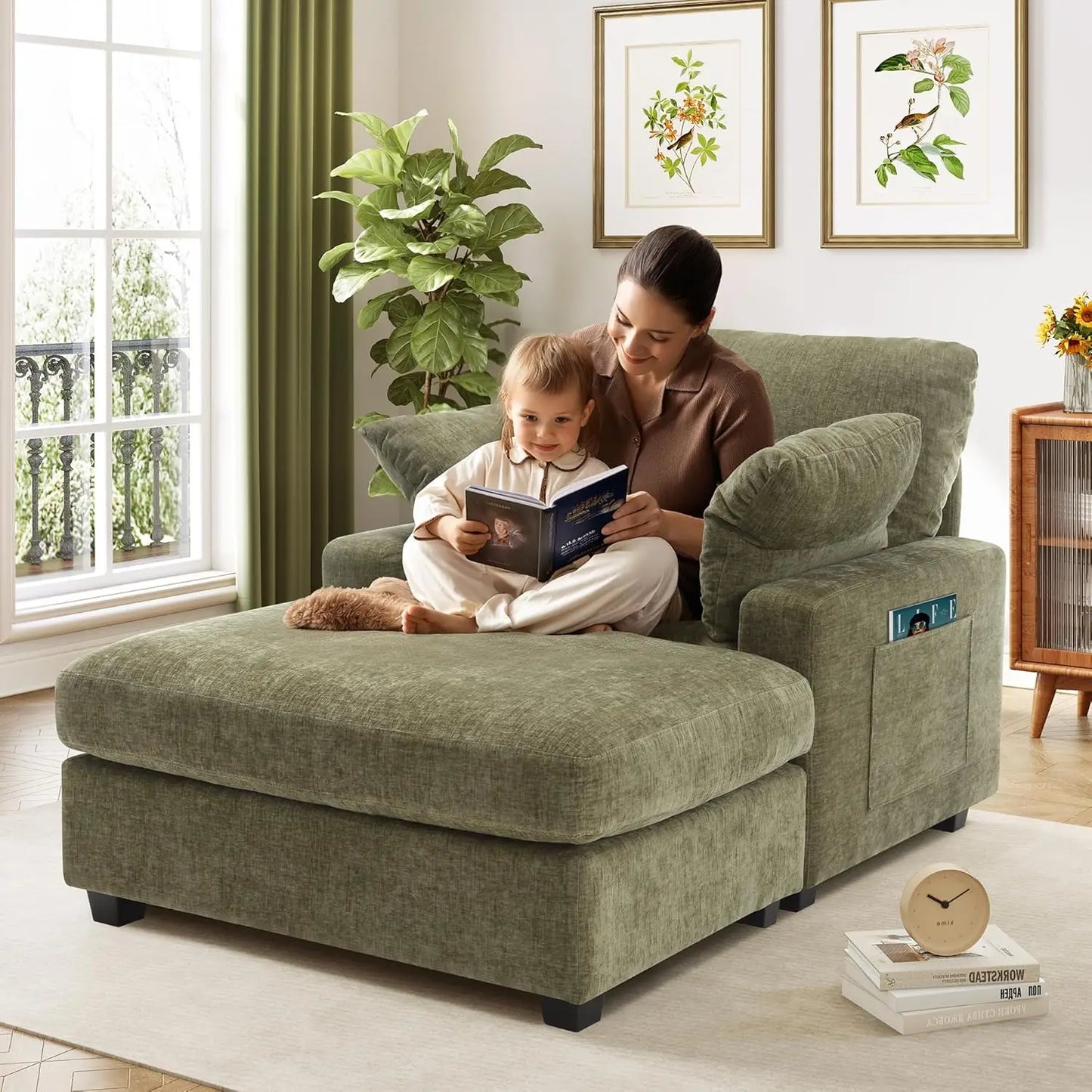 Indoor Chaise Lounge Chair, 57.52 “D Recliner, Corduroy Fabric + Upholstered Comfort Sofa for Living Room, Bedroom, Office