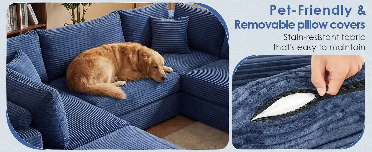 Redlife 107" Boneless Couch with Ottoman, 6 Seat Modular Sectional Sofa,Blue Corduroy Upholstery,28" Deep Seat,Removable Covers