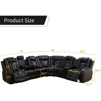 Power Reclining Sectional Soa or Living Room,ern L-Shaped Black Air Leather Sectional Couch Set,Recliner Soa Set,with LED Lights