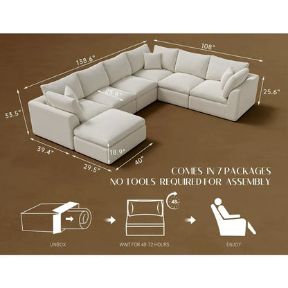 Oversized Cloud Couches for Living Room, Convertible Sectional Couch with Ottoman, 7 Seater Large Modular Sectional Sofa,
