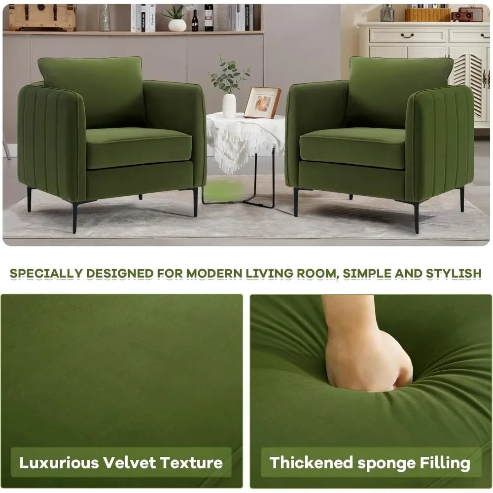 Modern Upholstered Sofa Chair, Velvet Accent Chairs Set of 2, Comfy Armchair with Thick Cushion & Metal Legs, Customized