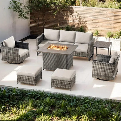 Patio Conversation Set with Fire Pit Table, Grey Resin Wicker Swivel Patio Chairs with Sofa Ottomans Side Table and Fire Table