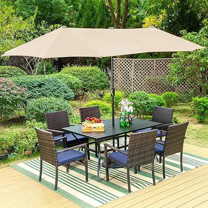Sophia & William 8 Pieces Patio Dining Set with 13 Ft Beige Double-Sided Twin Umbrella, Outdoor Rattan Chairs & Metal Table Set