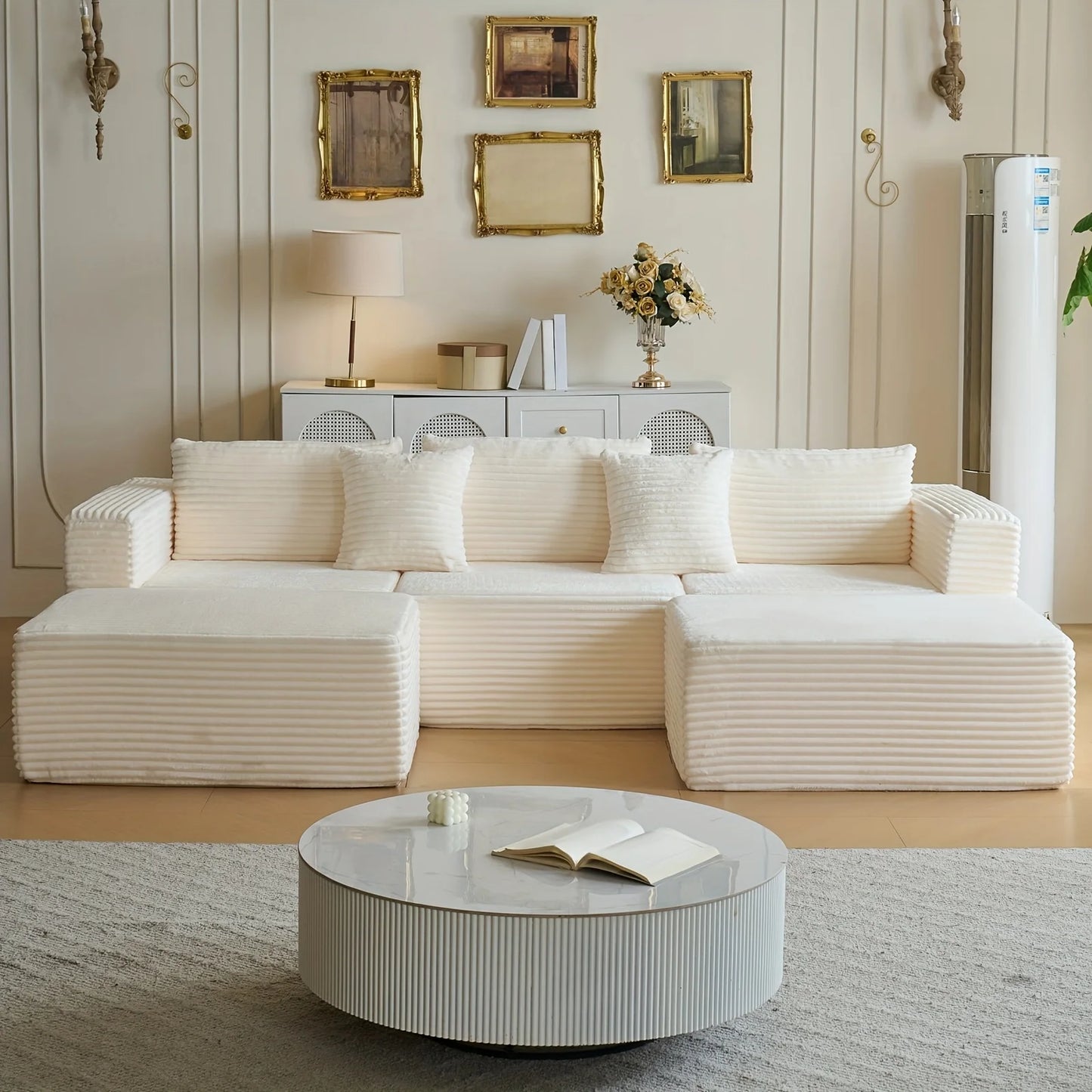 110.24-inch modular combination sofa U-shaped sofa with lounge chair striped fabric four-seater soft cushion sofa for living