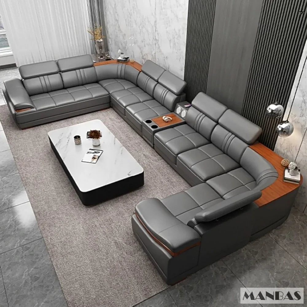 Elegant Leather Sectional Sofas Sets with Cup Holder, Adjustable Headrests & Bluetooth Speaker - MINGDIBAO Living Room Couches