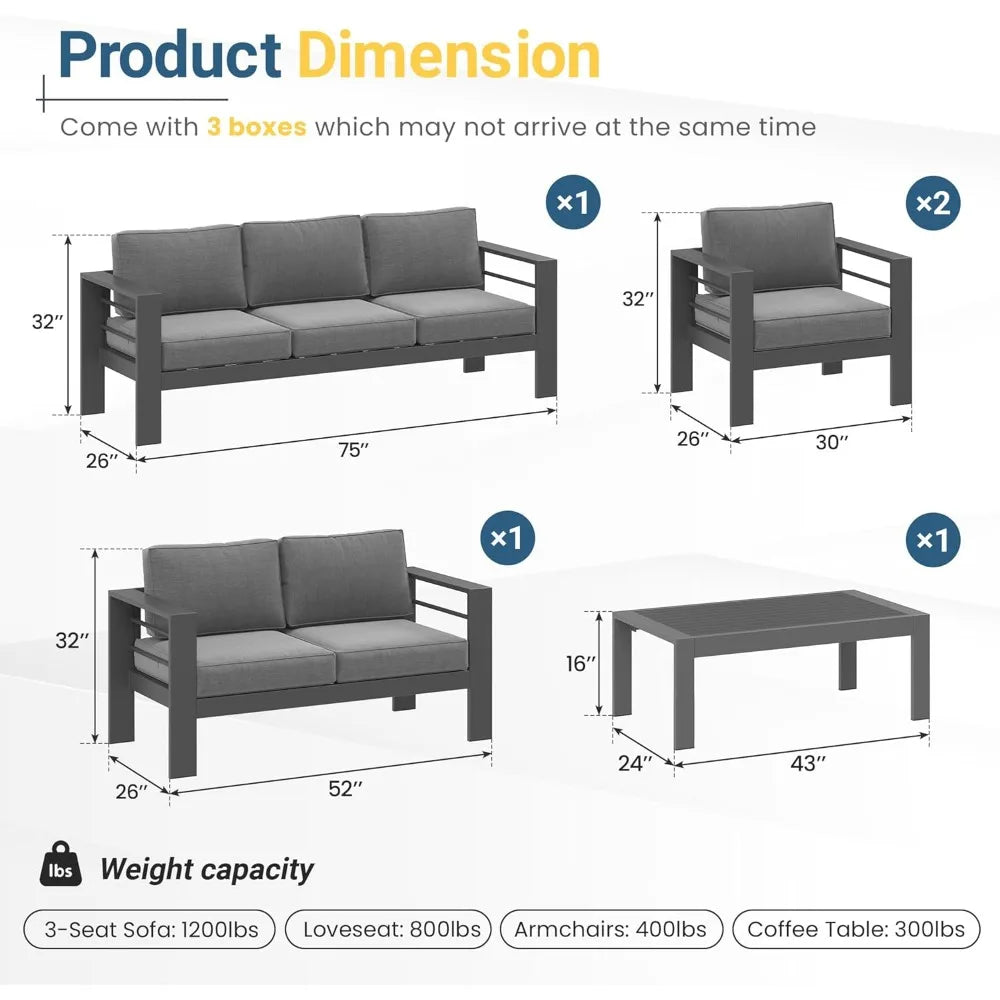 5-Piece Outdoor Patio Set, Grey Sectional Furniture with Upgraded Cushions for Garden & Backyard