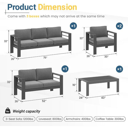 5-Piece Outdoor Patio Set, Grey Sectional Furniture with Upgraded Cushions for Garden & Backyard