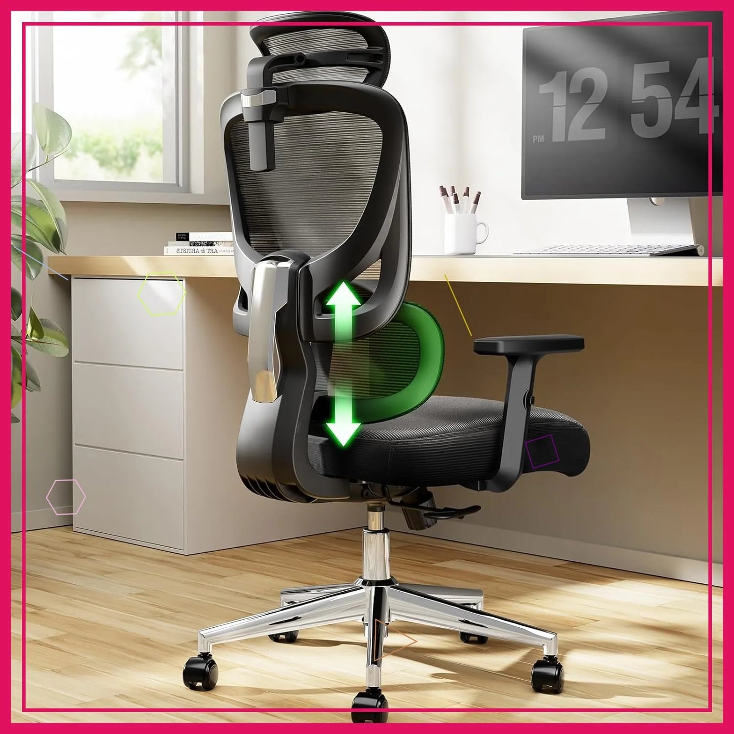 Ergonomic Office Gaming Chair with Adjustable Lumbar Support, Breathable Mesh Seat & Rocking Function - Black