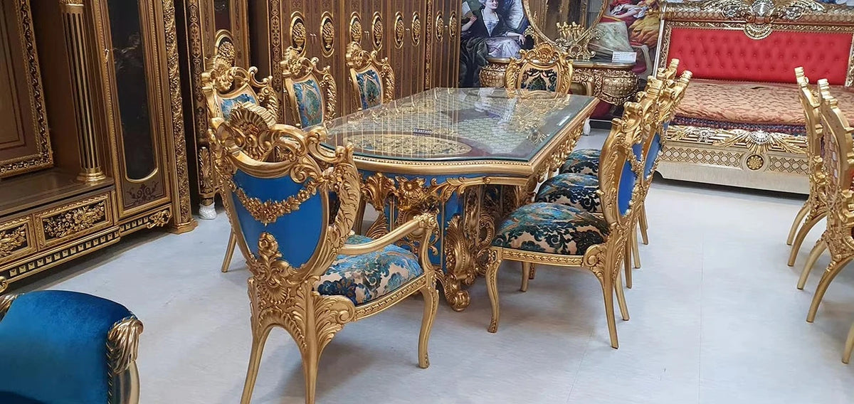 French Royal Baroque Dining Set — Hand-Carved Solid Wood Table with Upholstered Chairs, Luxury Gold for Villa/Hotel