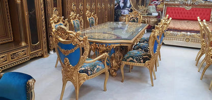 French Royal Baroque Dining Set — Hand-Carved Solid Wood Table with Upholstered Chairs, Luxury Gold for Villa/Hotel