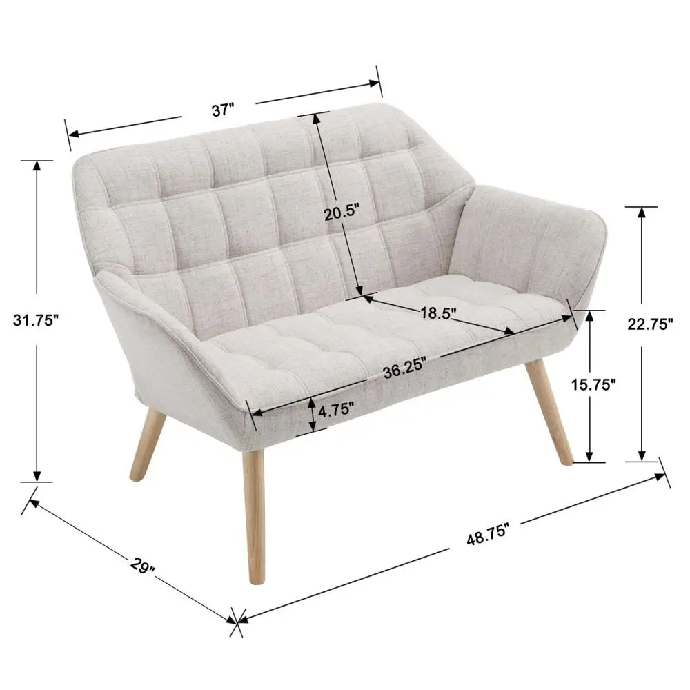 Loveseat Sofa, Modern Linen Upholstered Mini Couch 2Seater Fluffy Love Seat with Quilting Backs and Wood Legs for Small Space L
