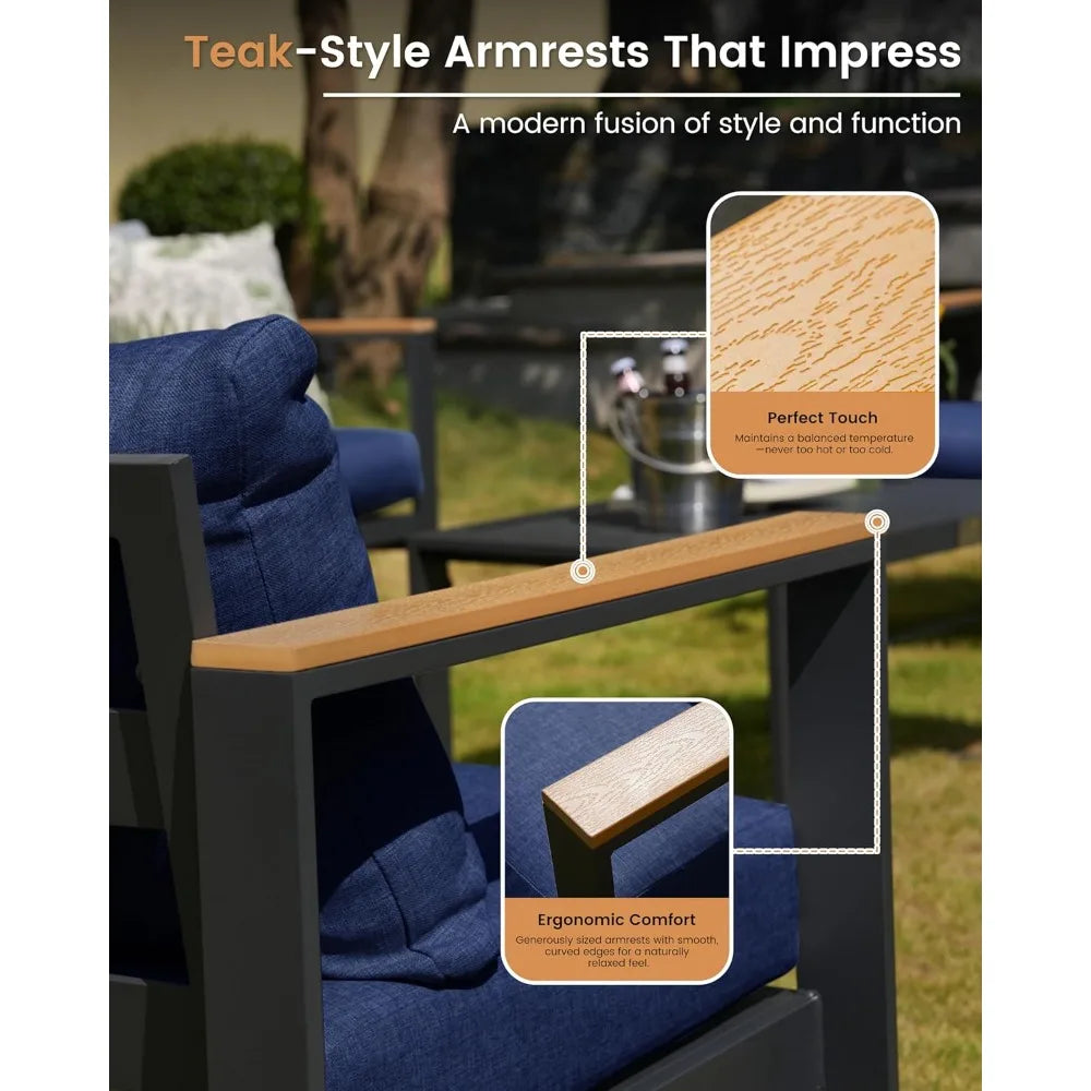 Aluminum Outdoor Patio Furniture Set, 5-Piece Sectional Conversation Set with 6″ Thick Cushions & Coffee Table for Porch, Balcon