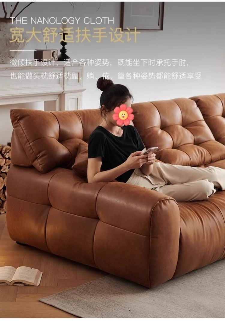 Retro oil wax leather sofa, small apartment living room straight row sofa, large sitting depth movable backrest medium ancient