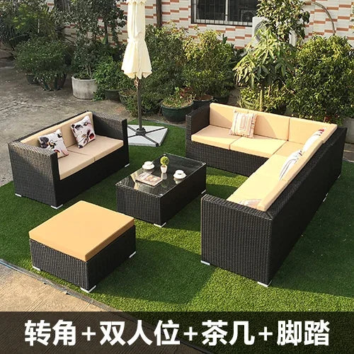 Outdoor rattan sofa, rainproof and sunscreen woven three piece set, tea table combination, outdoor furniture