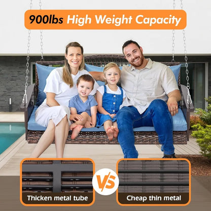 Upgraded Wicker Hanging Porch Swing, Heavy Duty 900 LBS 3-Seat Outdoor Patio Swing Chair Bench, for Adult w/ 8.9ft Hanging Chain