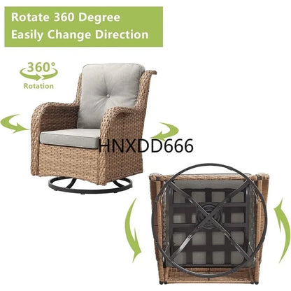 5-Piece Outdoor Rattan Conversation Set with 2 Rotating Rocking Chairs, 2 Foot Pads, and a Side Table