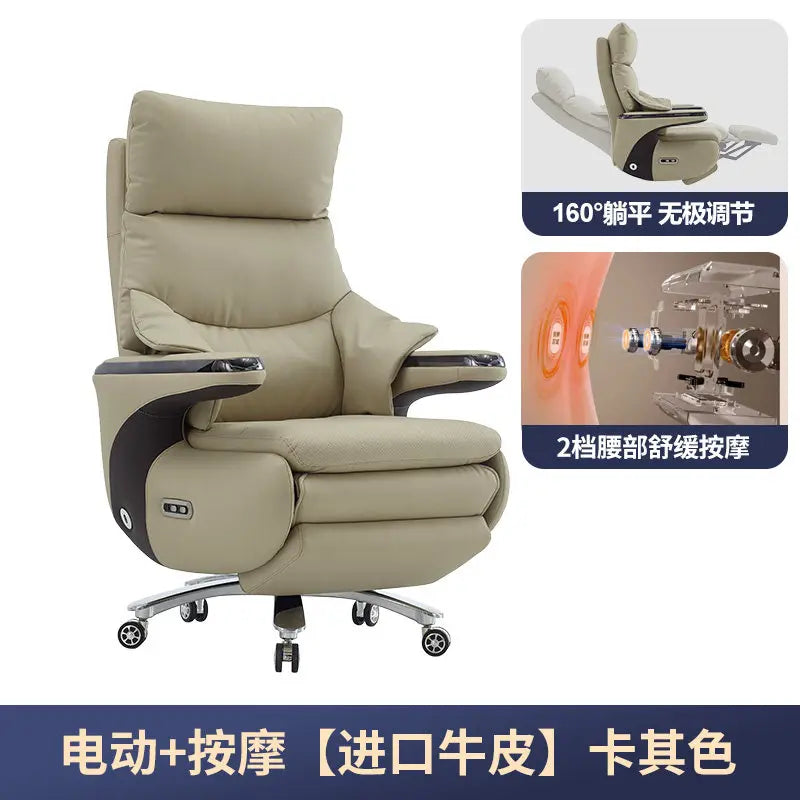 New Electric Genuine Leather Executive Chair - High-Back Reclining Office Desk Chair for Daytime Rest and Prolonged Sitting JT40