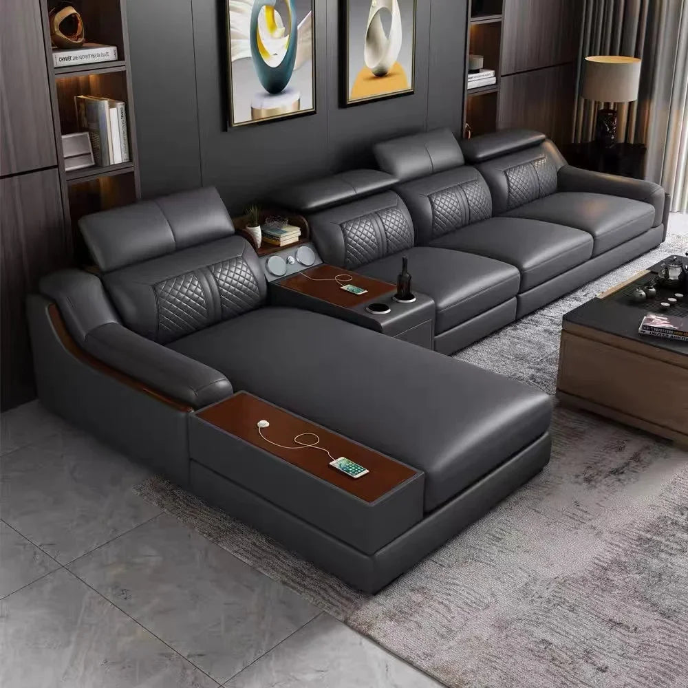 -Italian modern multifunctional sofa light luxury Faux Leather sectional sofa couch with USB charging and bluetooth speaker