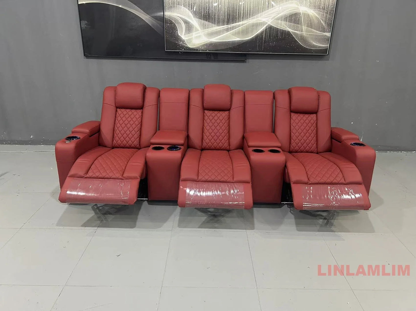 Linlamlim Luxury 3-Seat Recliner Sofa with Cup Holders, Leather Home Theater Seating, Cinema Recliner Couch with Center Console