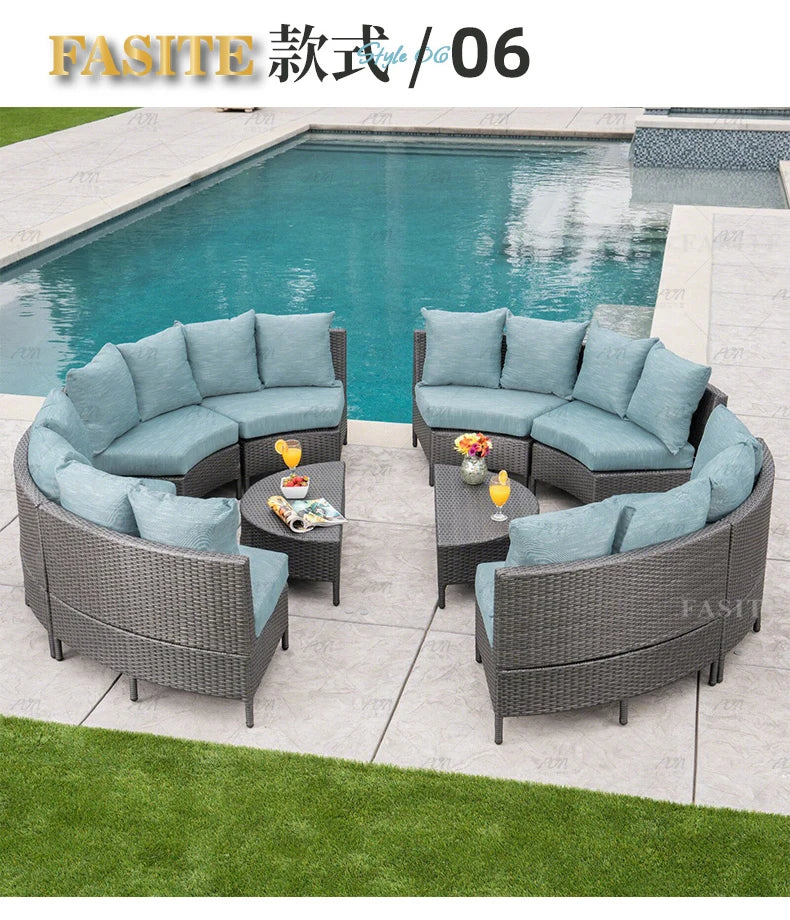 Sofa, courtyard, garden, leisure, outdoor living room, semi circular curved rattan chair, terrace, outdoor furniture combination
