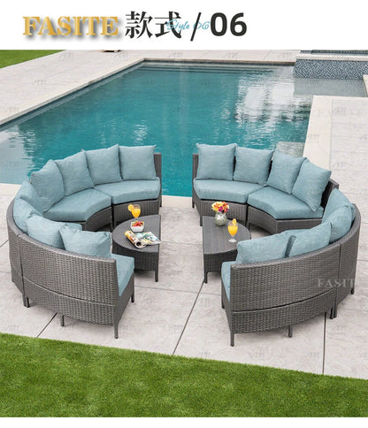 Sofa, courtyard, garden, leisure, outdoor living room, semi circular curved rattan chair, terrace, outdoor furniture combination