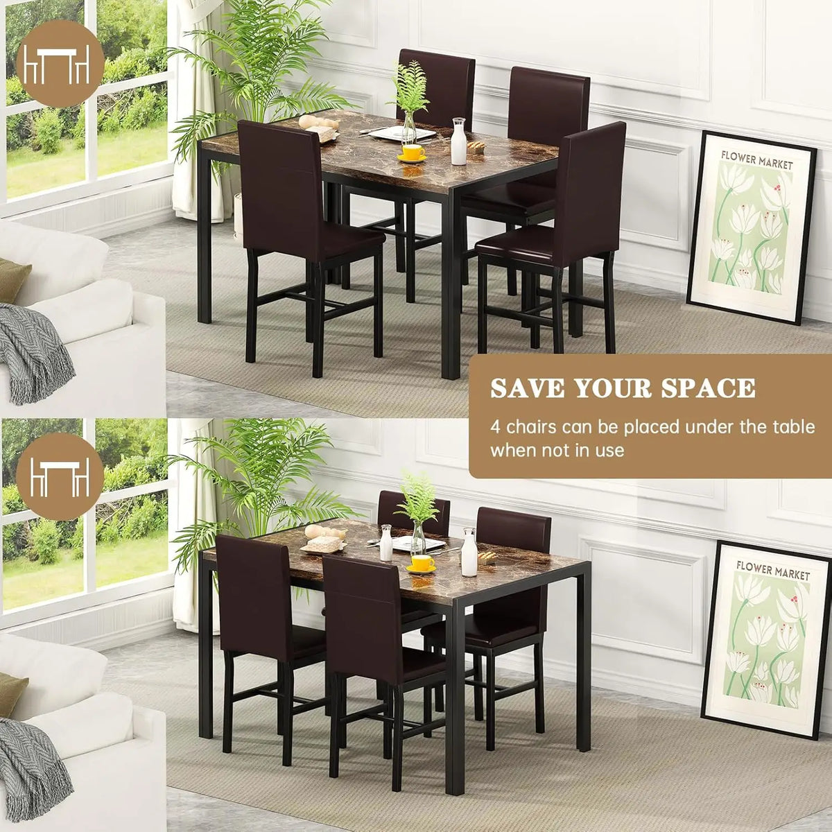Dining Table Set for 4, Faux Marble Table with 4 PU Leather Chairs, Kitchen Breakfast Nook Set