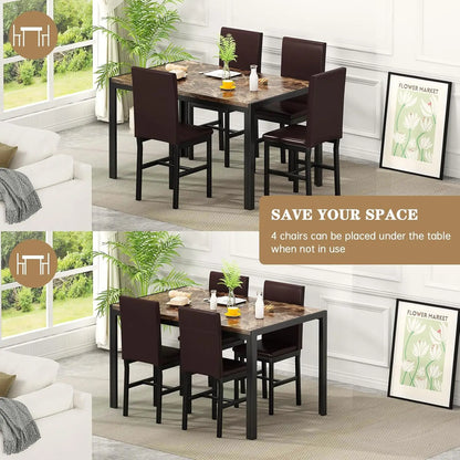 Dining Table Set for 4, Faux Marble Table with 4 PU Leather Chairs, Kitchen Breakfast Nook Set